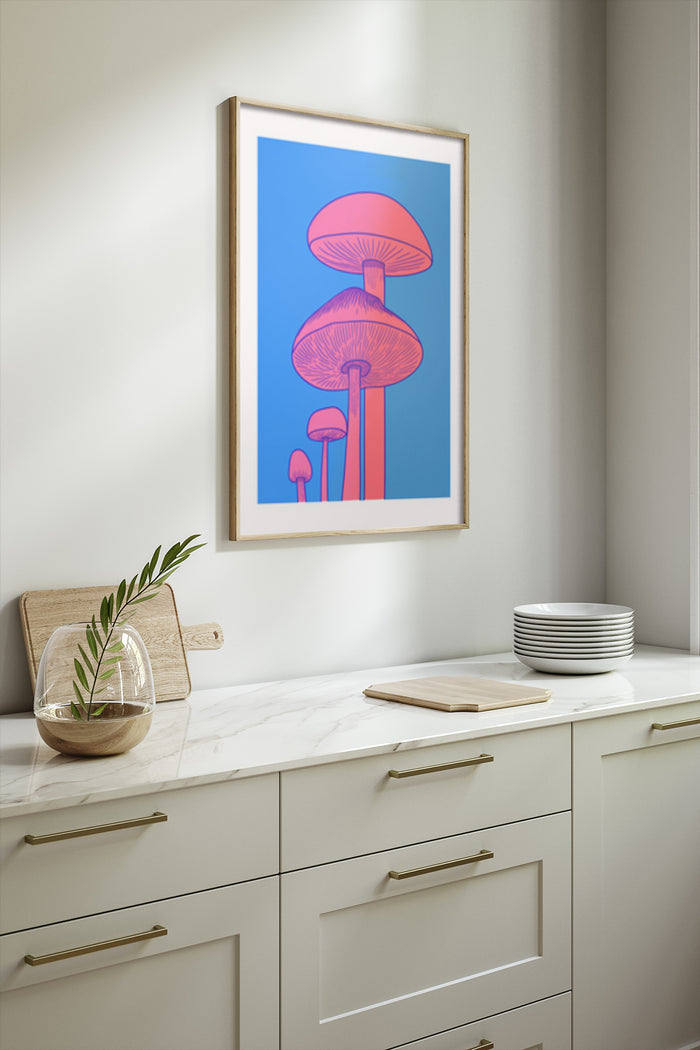 Stylish kitchen interior with modern pink and blue mushroom artwork displayed