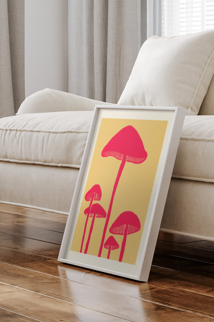 Contemporary pink mushroom illustration poster framed in a modern living room setting
