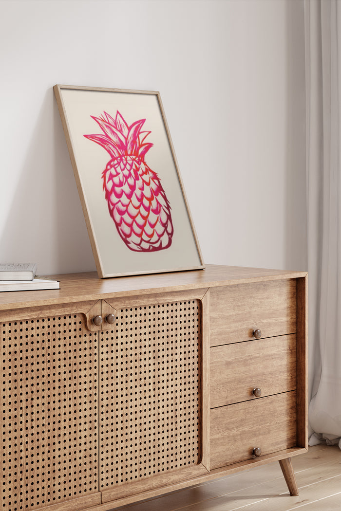 Modern Pink Pineapple Art Poster Displayed on Wooden Sideboard