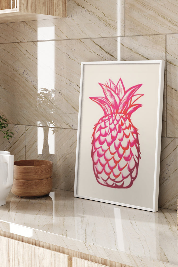 Contemporary pink pineapple wall art poster displayed in a stylish interior bathroom