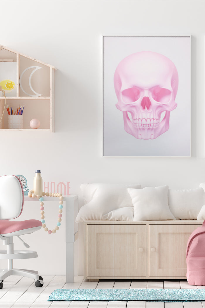 Contemporary pink skull poster on wall above sofa in stylish living room decor