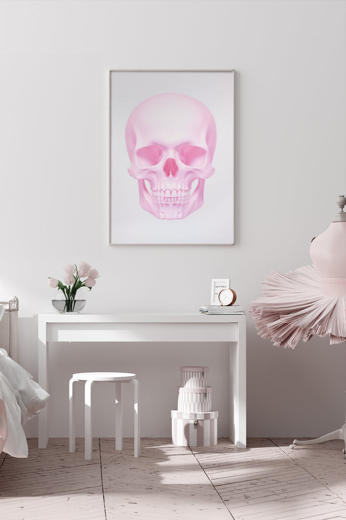Contemporary pink skull poster in a minimalist bedroom setting