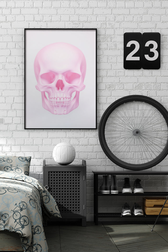 Modern pink skull poster art on white brick wall in a stylish bedroom interior