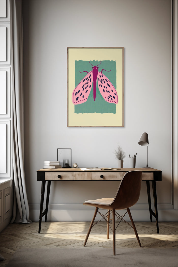 Contemporary pink spotted moth illustration poster displayed in a modern office decor