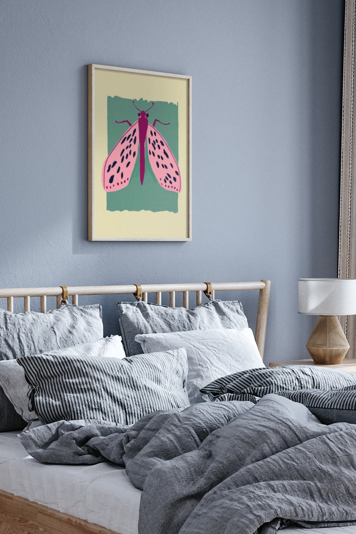 Stylish modern pink spotted moth poster in a bedroom setting