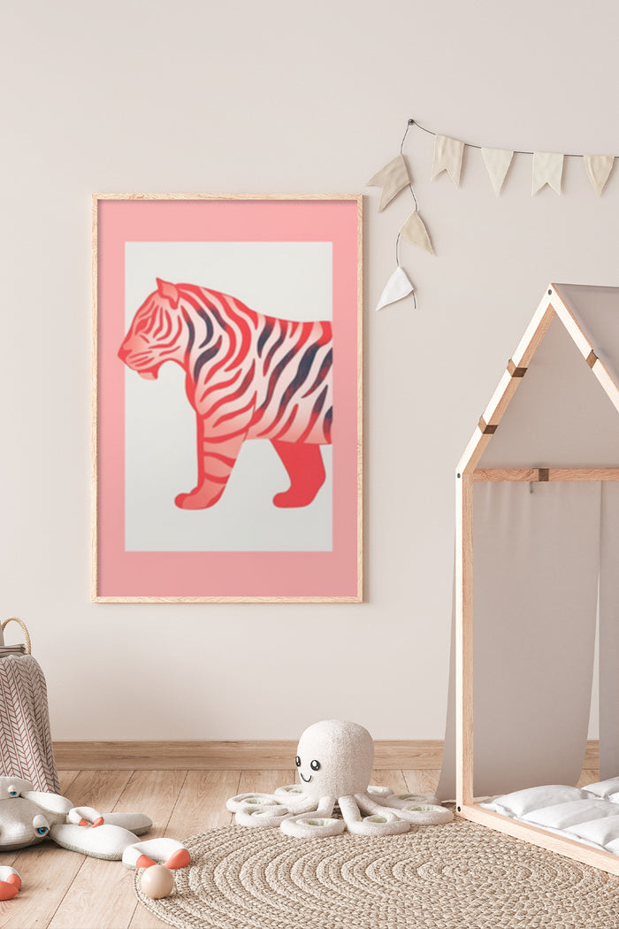 Stylish modern artwork of a pink striped tiger in a children's room with play tent and plush toys