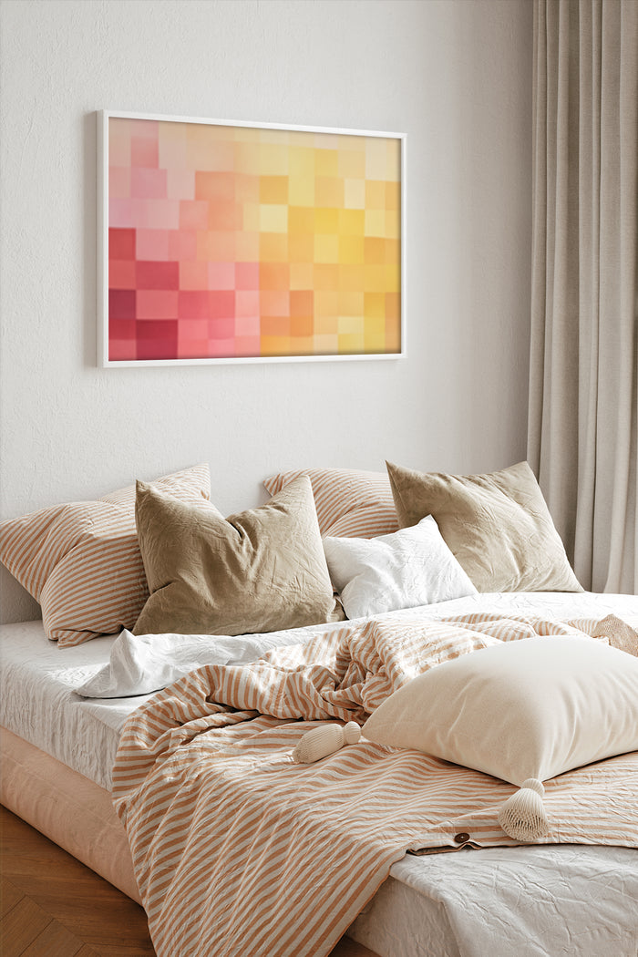 Colorful pixelated abstract art framed poster above bed in a modern bedroom interior