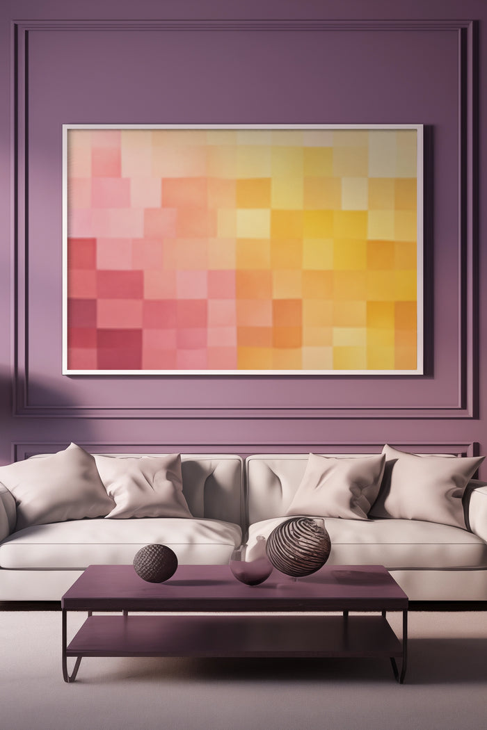 Contemporary pixel abstract art in warm colors on living room wall