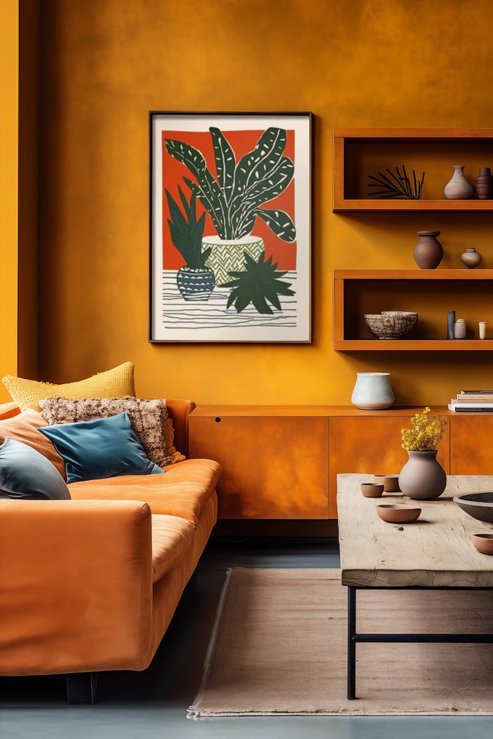 Modern tropical plant poster in vibrant living room with orange sofa and yellow cushions