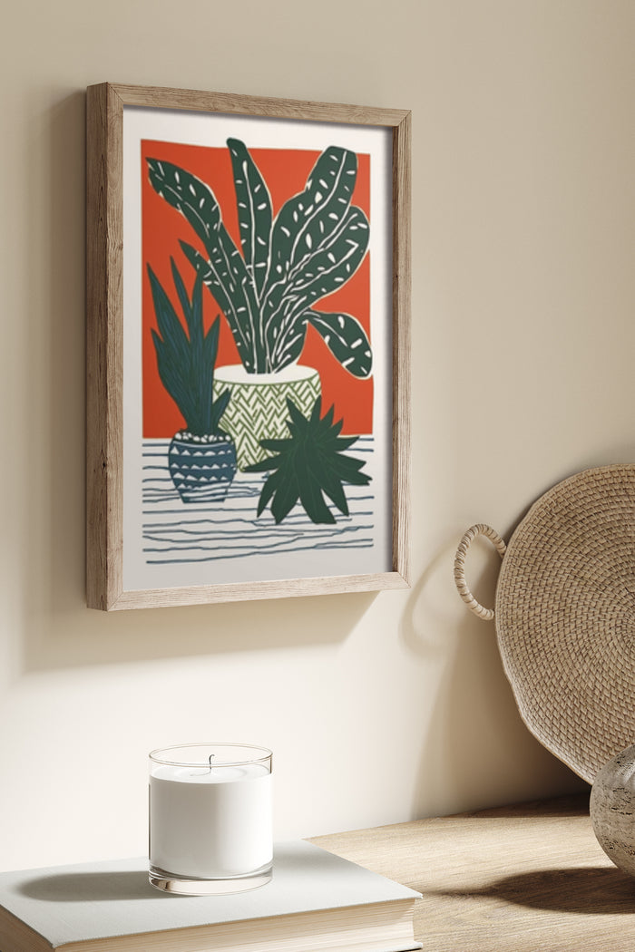Modern plant illustration artwork in a framed poster displayed on a wall