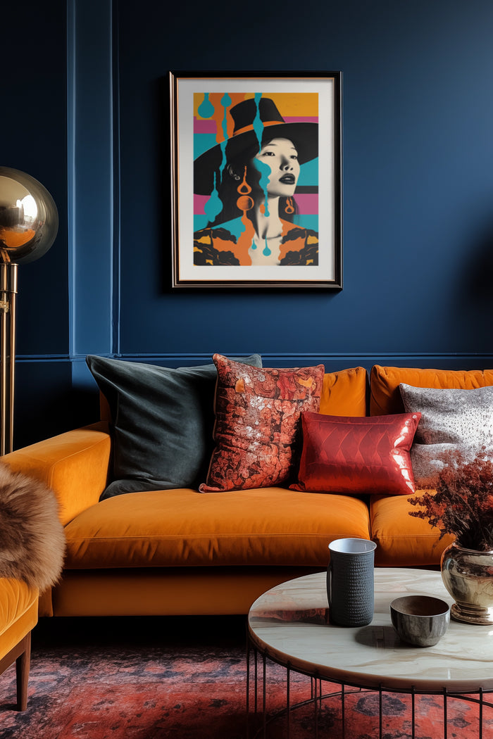 Modern pop art style poster with female portrait displayed above a vibrant yellow sofa in a chic living room interior