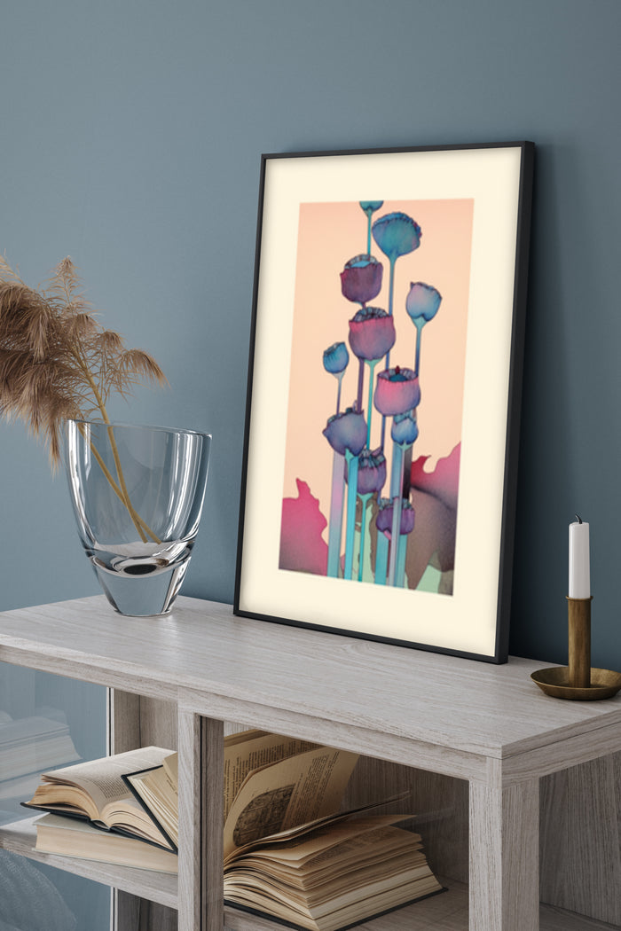 Modern stylized poppy flower artwork poster in home decor setting