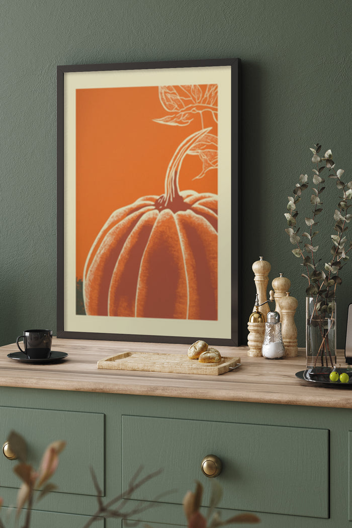 Contemporary orange pumpkin line art poster framed on a green wall above a wooden sideboard