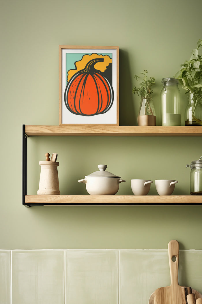 Contemporary pumpkin illustration art poster in a kitchen setting on wooden shelf