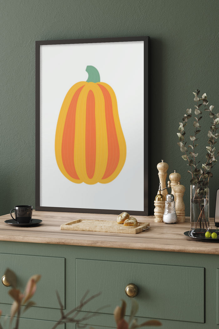 Modern stylized pumpkin poster framed on green kitchen wall with decorations and utensils