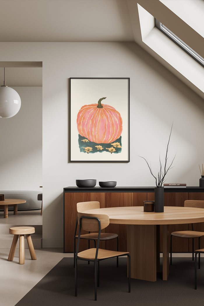 Contemporary orange pumpkin painting poster displayed in a stylish dining room interior