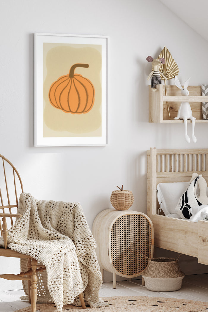 Minimalist pumpkin illustration poster framed on wall in cozy home decor setting
