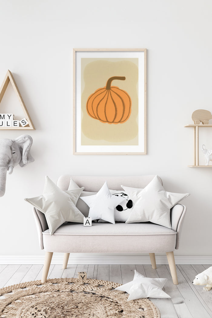 Contemporary pumpkin illustration poster displayed in living room setting