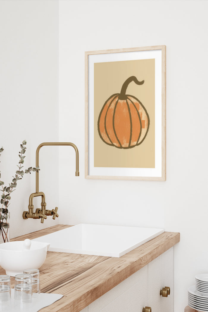 Minimalist Pumpkin Illustration Poster for Modern Home Decor displayed in a stylish kitchen