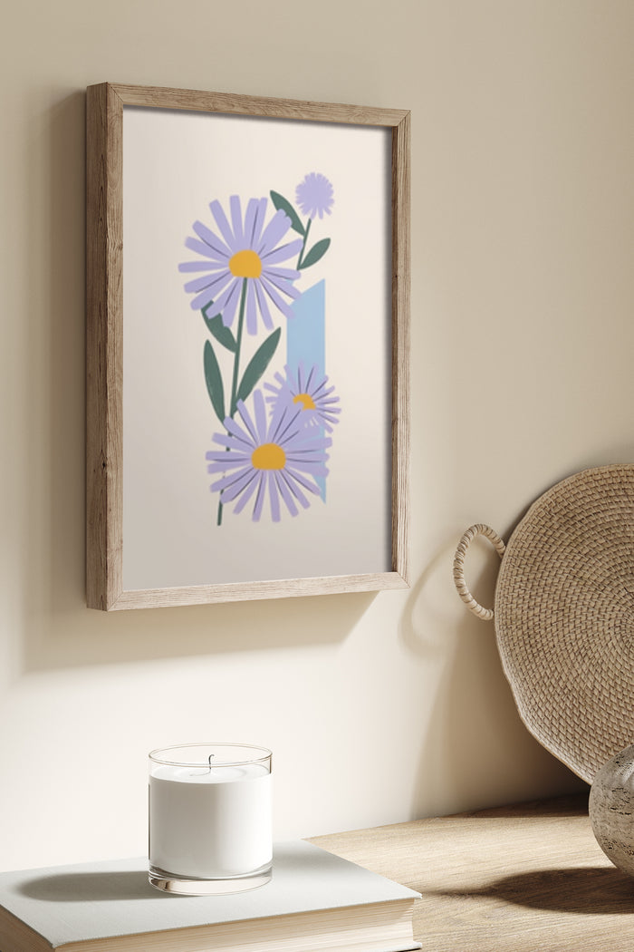 Contemporary purple daisy flower illustration poster in wooden frame