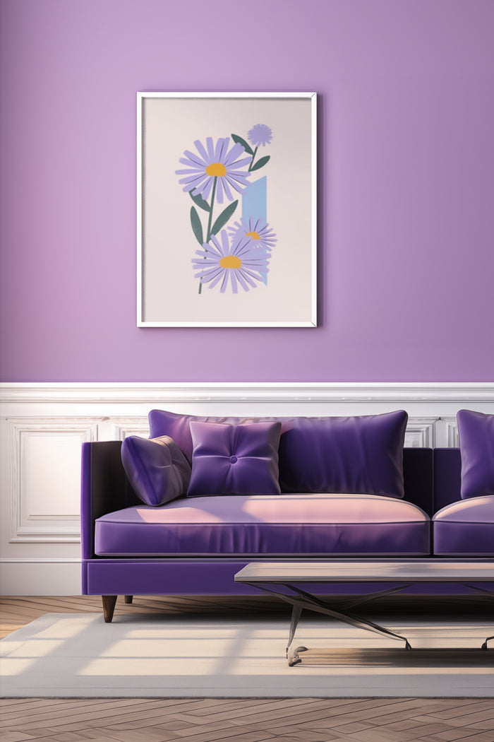 Modern Purple Daisy Flower Artwork Poster in Stylish Interior Design