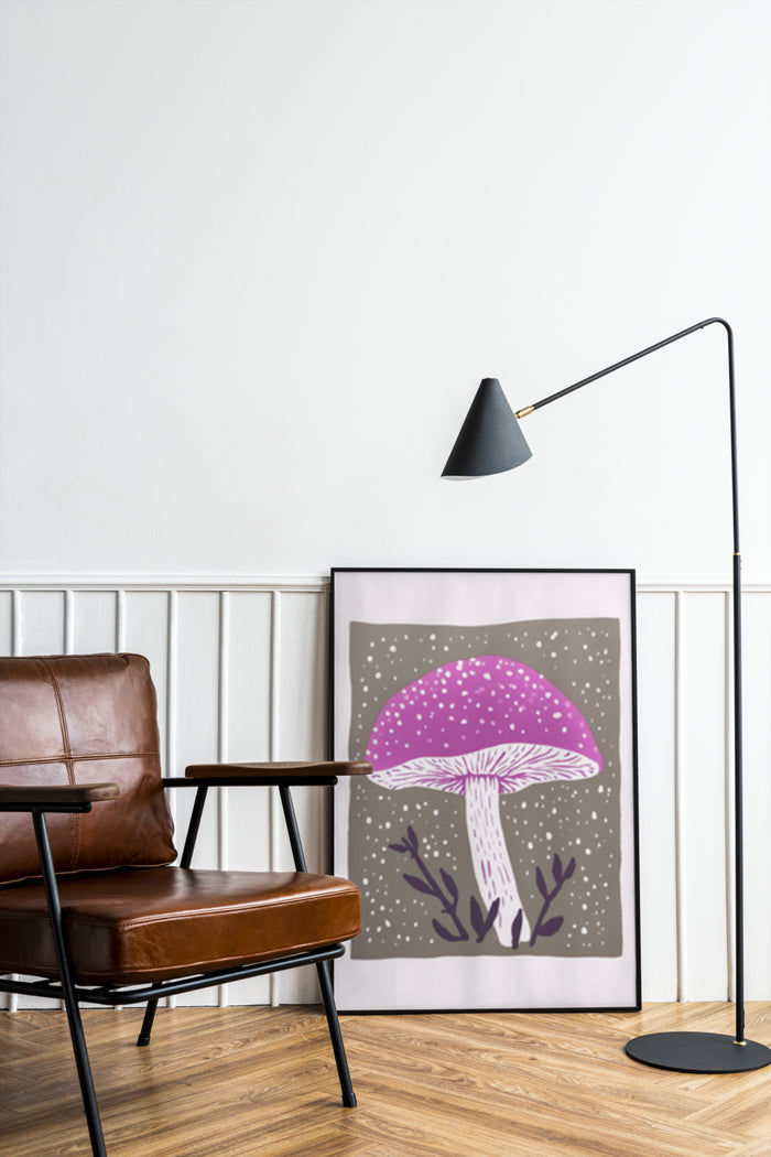 Contemporary purple mushroom poster framed on a white wall interior with stylish leather chair and floor lamp