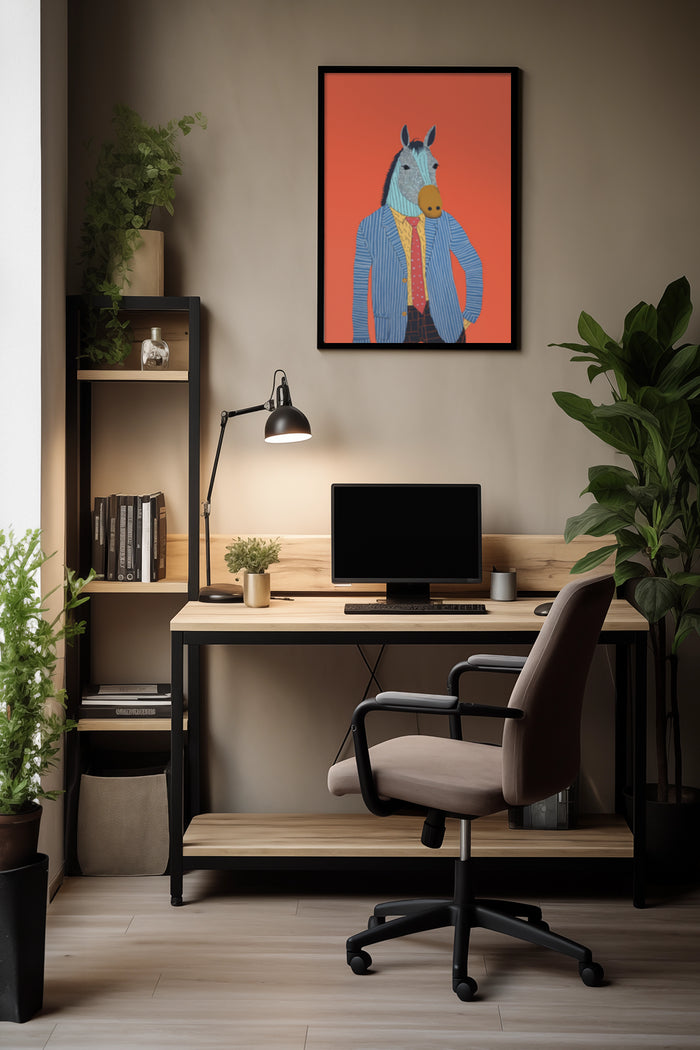 Modern quirky horse in suit artwork poster for contemporary office decoration