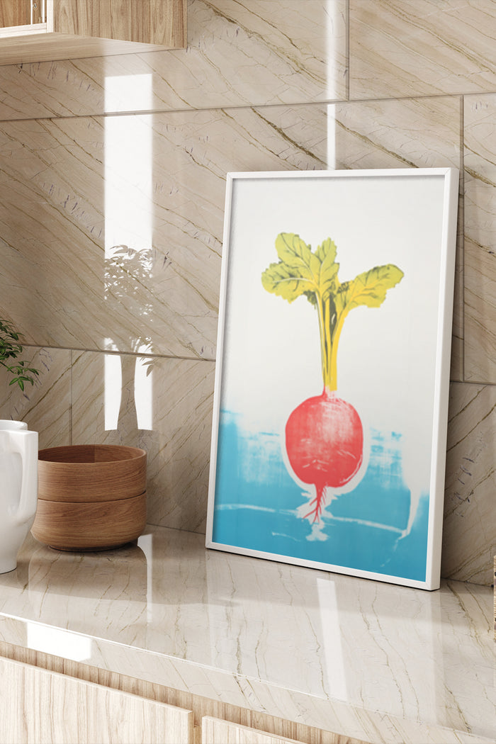 Contemporary radish illustration poster displayed in a modern home interior