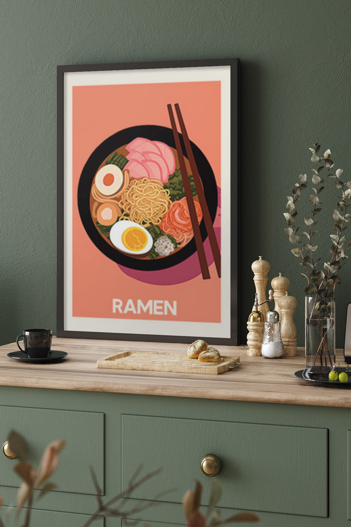 Stylish modern poster of a ramen noodle bowl displayed in a home setting