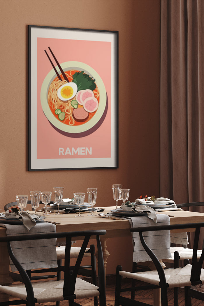 Stylish ramen noodle bowl poster in modern dining room setting
