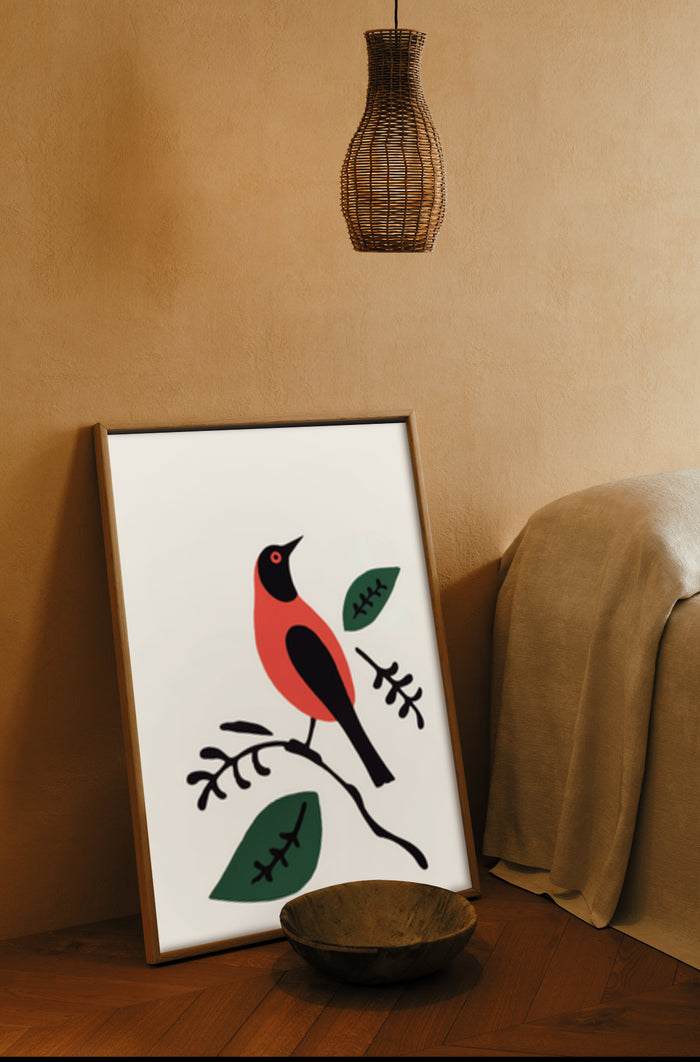 Modern stylized red bird artwork on white poster framed in a home interior