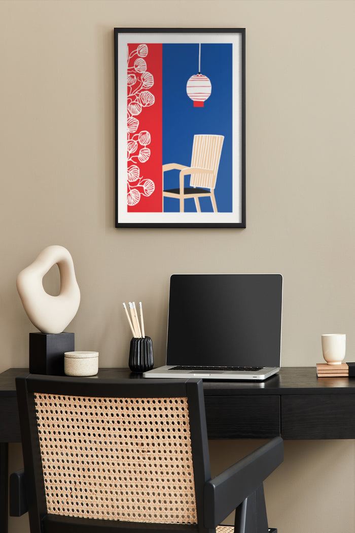 Contemporary art poster with red and blue background and Japanese lantern design in stylish home office