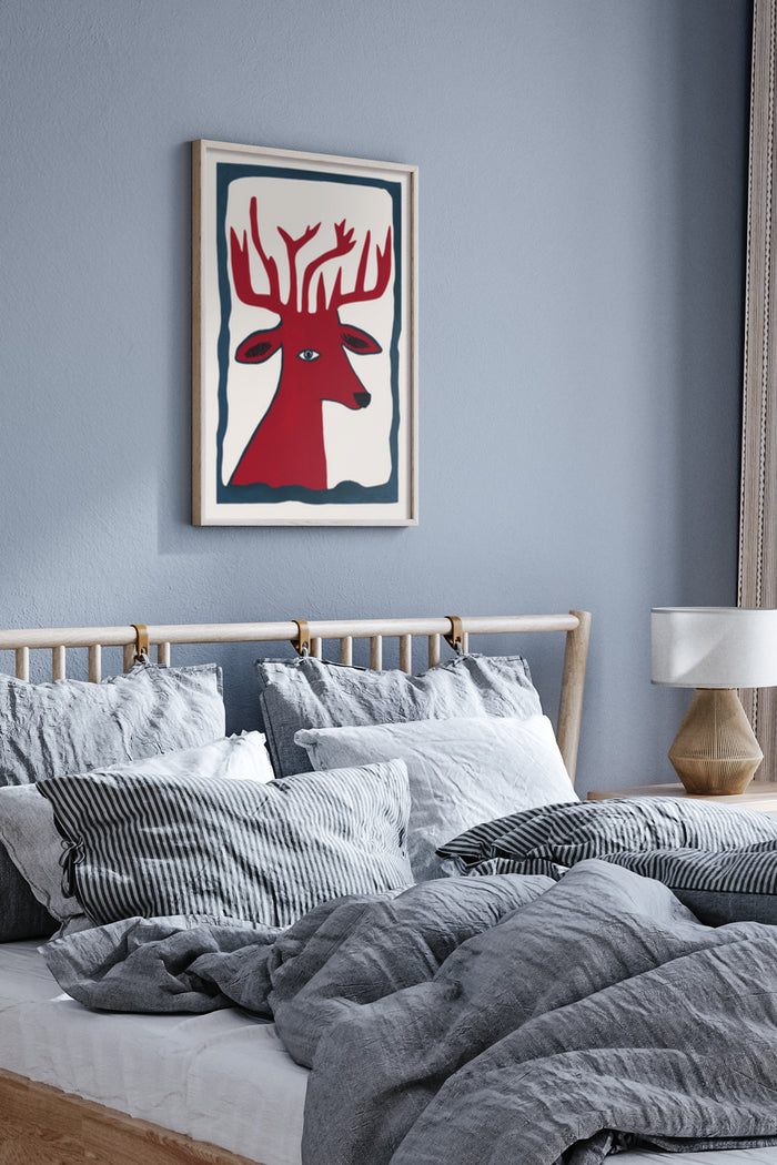 Modern red deer artwork poster framed on a bedroom wall