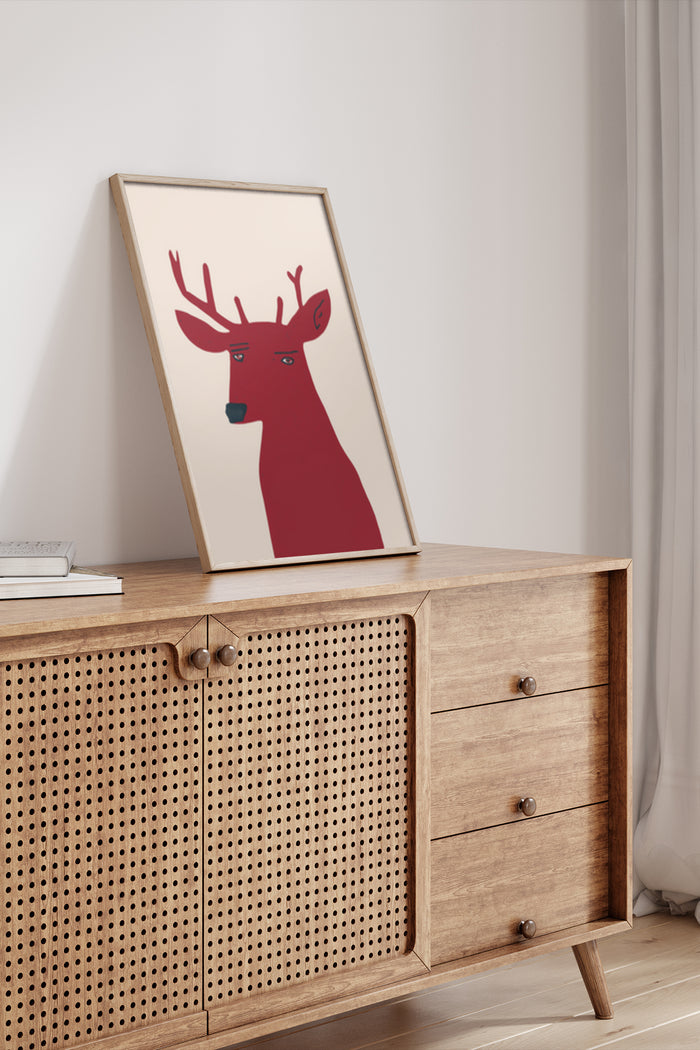 Minimalist red deer artwork poster in a modern home interior setting