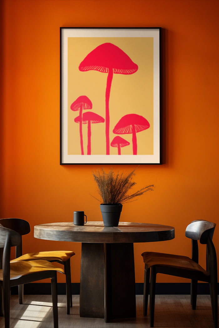 Modern Red Mushroom Art Poster in Stylish Dining Room Interior Decor