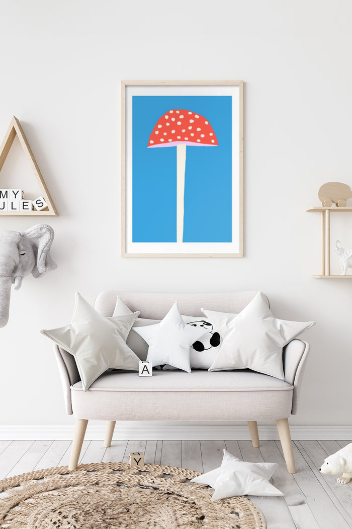 Contemporary red and white polka dot mushroom poster in a minimalist interior setting