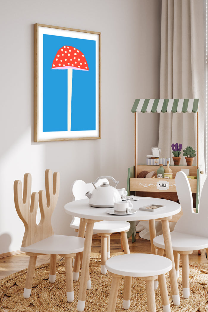 Stylish red mushroom illustration in a modern children's playroom setting