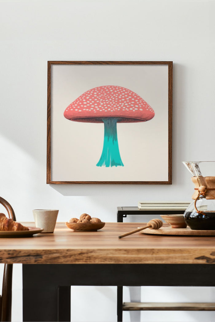 Stylish interior design with framed modern artwork poster of a red spotted mushroom