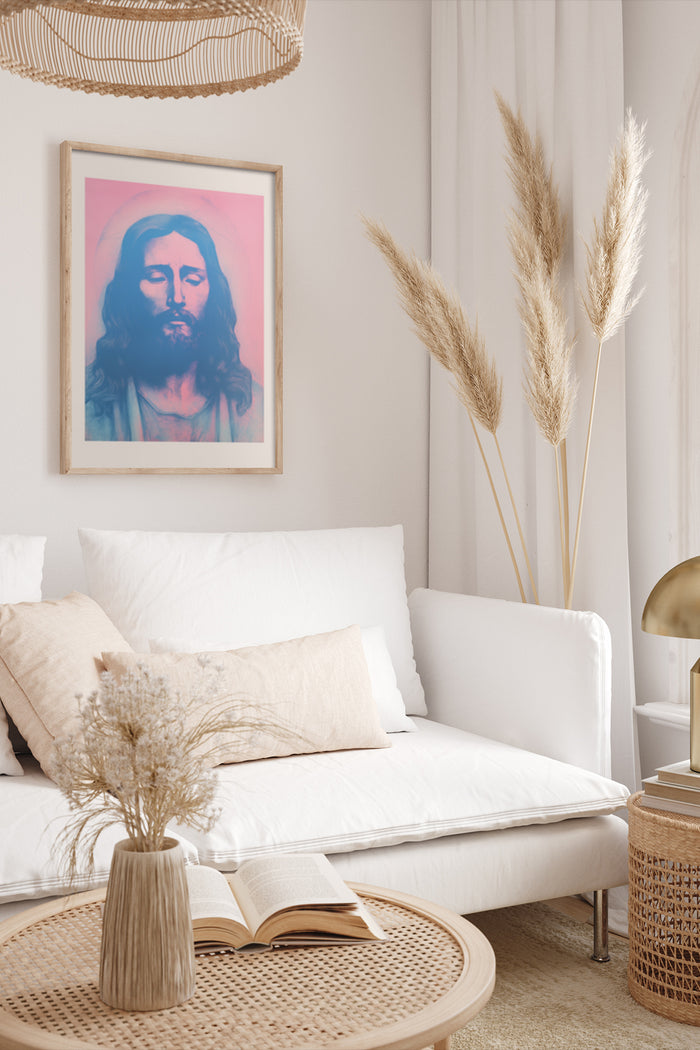 Modern religious artwork with a Jesus portrait poster framed on a wall in a stylish home decor setting