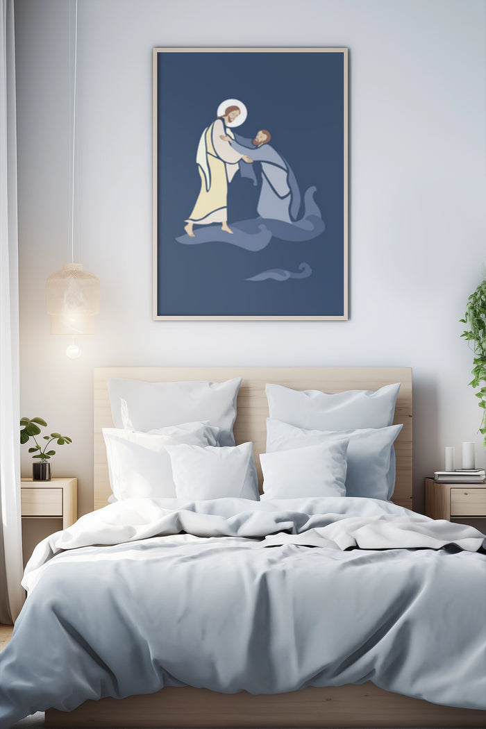 Contemporary religious art poster depicting two figures with halos in a stylized embrace, mounted on bedroom wall