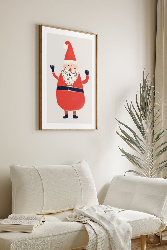 Contemporary Santa Claus poster framed on living room wall with cozy couch and houseplant