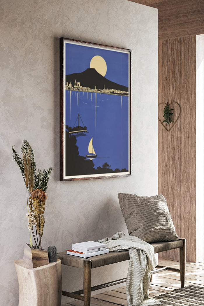 Contemporary art poster of a seascape with mountain silhouette, full moon and sailboats in a stylish home interior