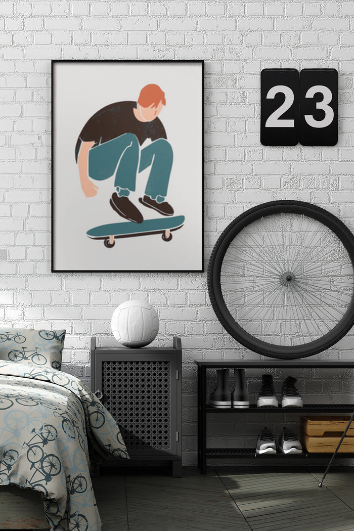 Contemporary skateboarder illustration poster in a stylish bedroom interior