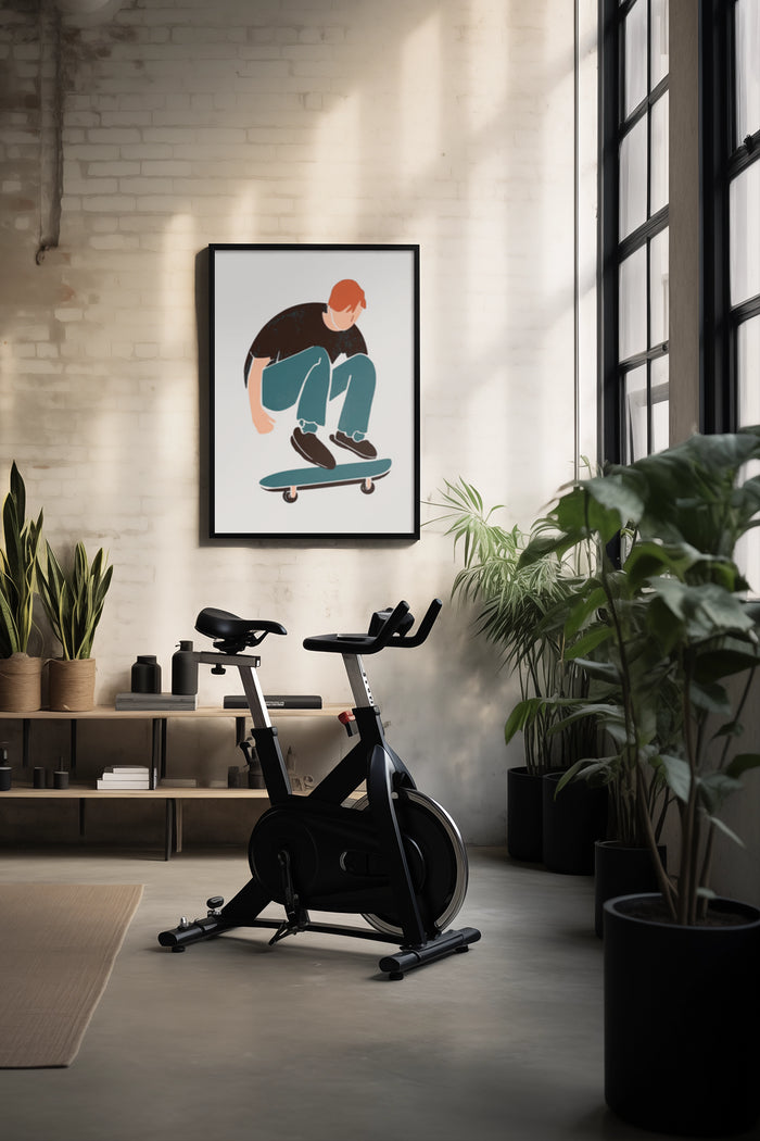 Modern minimalist skateboarder artwork poster displayed in a stylish home interior