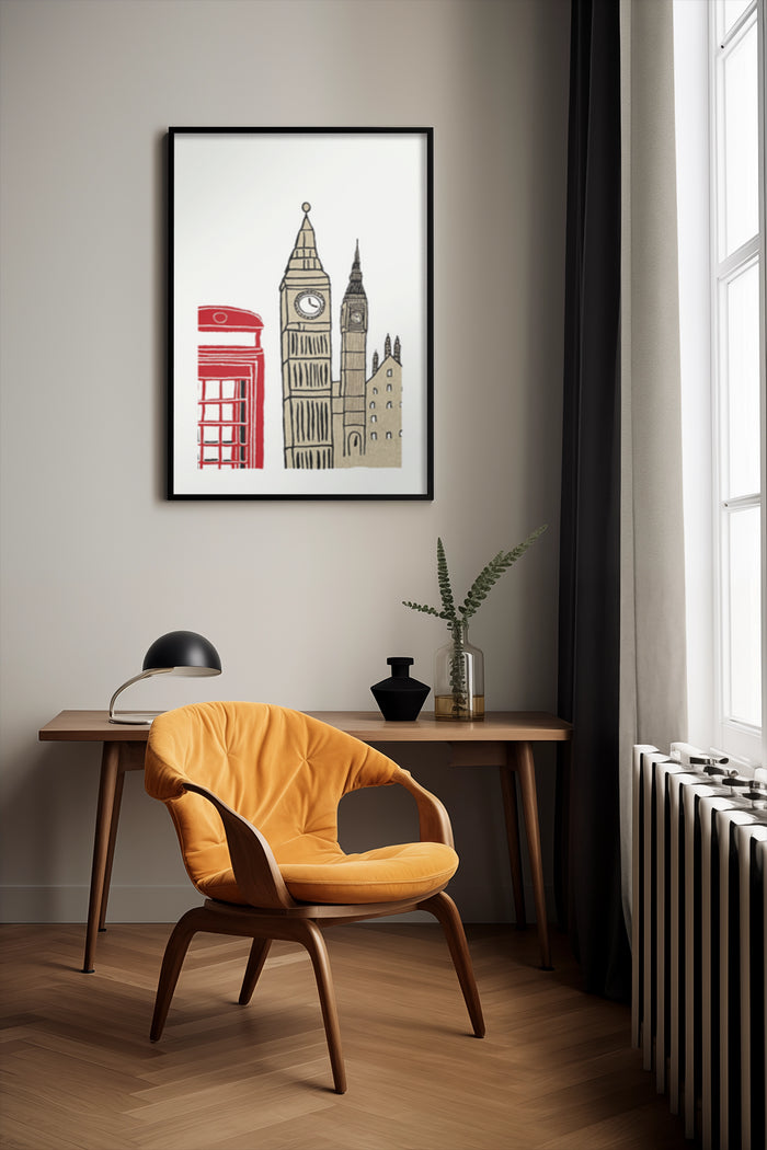 Modern sketch artwork of London landmarks Big Ben and red phone box in stylish interior