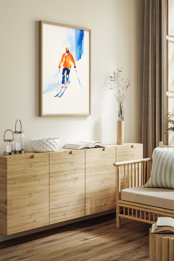 Abstract modern skiing poster displayed in a contemporary living room setting