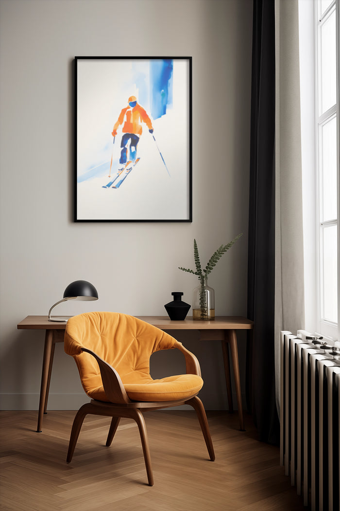 Contemporary abstract skiing poster framed on the wall in stylish room with modern furniture and decor