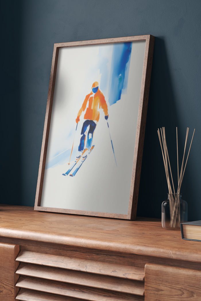 Contemporary abstract skiing poster art framed on wooden desk