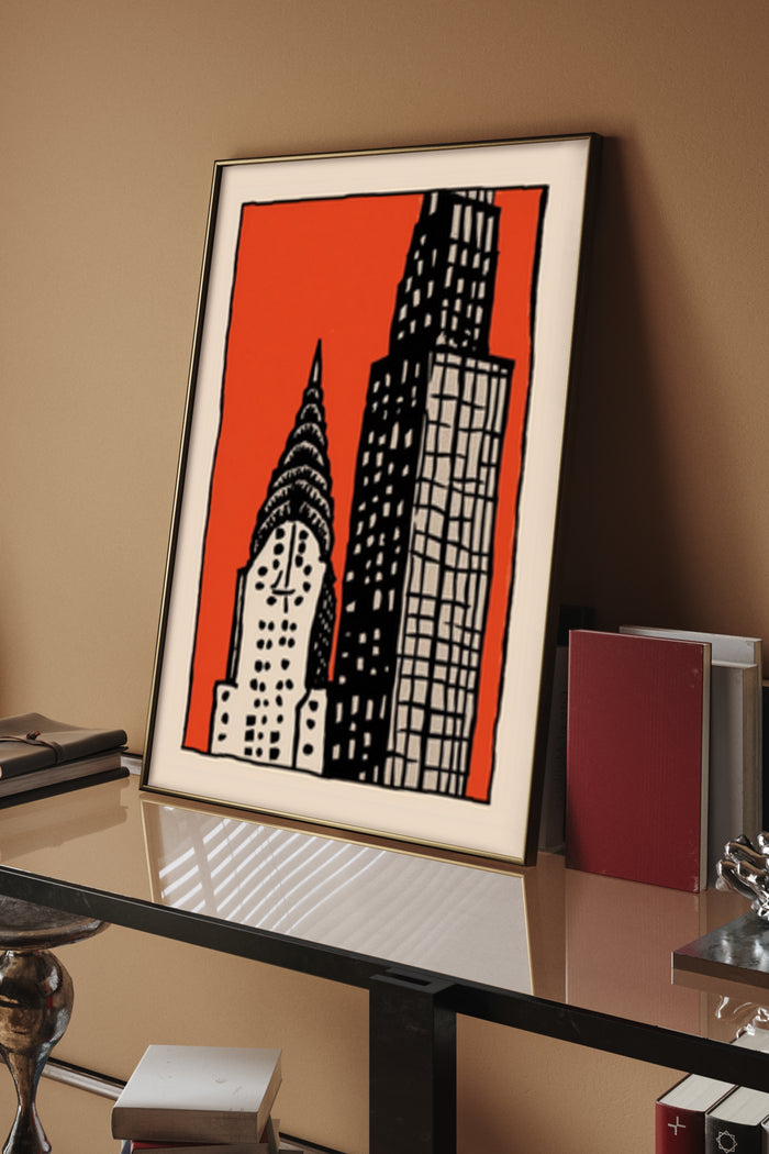 Contemporary Skyscraper Illustration Poster with Orange Background Placed in an Elegant Room