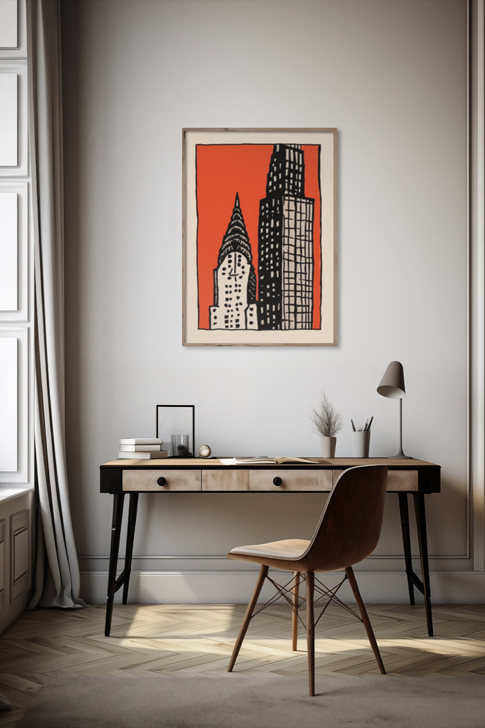 Stylized modern skyscraper artwork poster on wall above a stylish desk in a contemporary home office